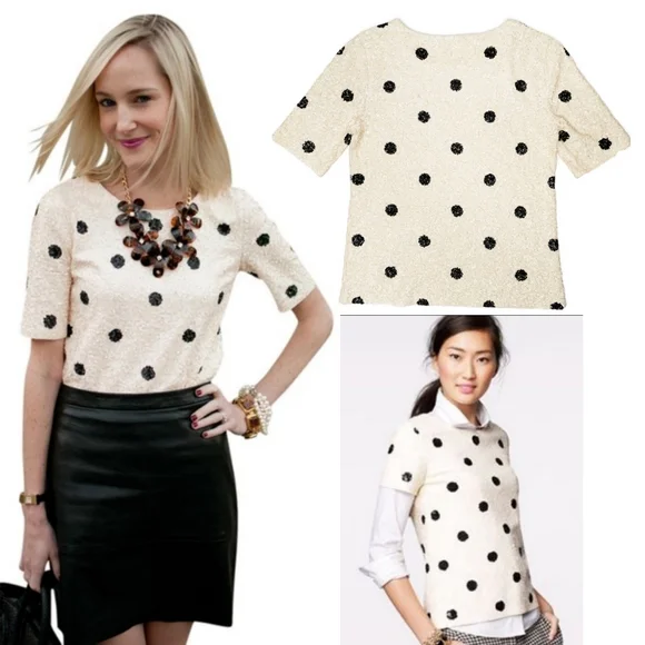 J. CREW all over sequined black and off white polka dot shirt size XS.